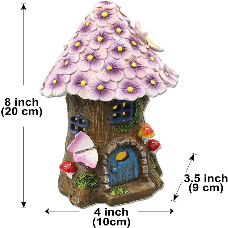 A diagram shows the dimensions of a small fairy house with a purple flower roof as approximately 8 inches (20 cm) tall and 4 inches (10 cm) wide at the base. The roof's depth is indicated as 3.5 inches (9 cm). The house has blue doors and windows, and decorative butterfly and mushroom accents.