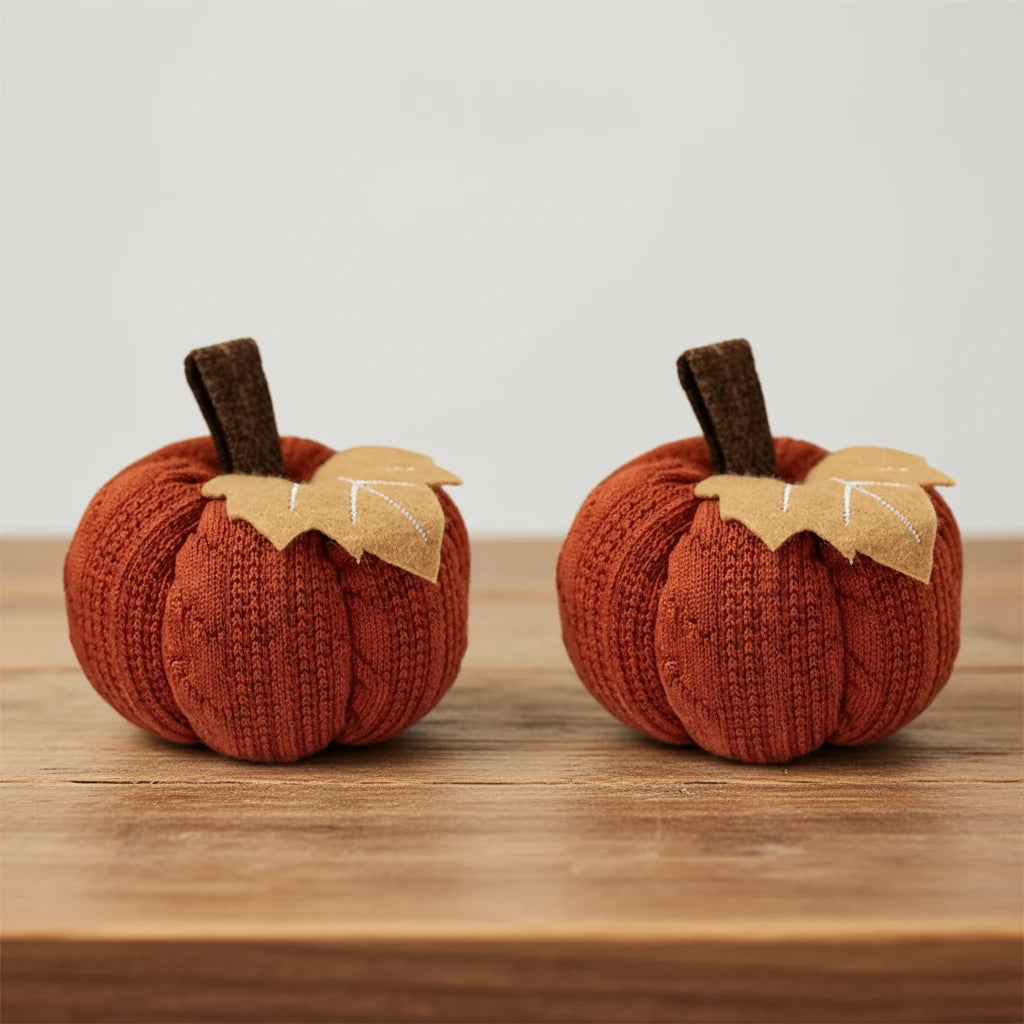 Two identical orange knitted pumpkins, each with a brown stem and a beige felt leaf, isolated on a white background.