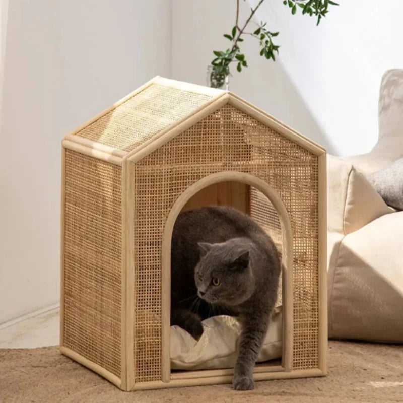 Cozy and breathable woven rattan pet bed with a modern design.