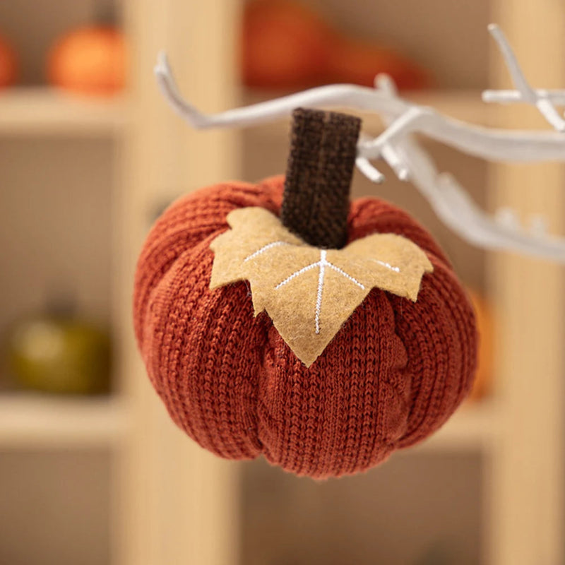 A single orange knitted pumpkin with a brown stem and a beige felt leaf hangs from a white branch.