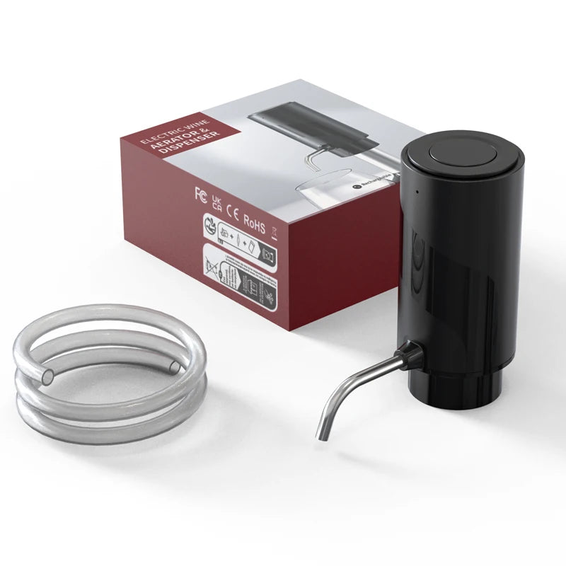 A black electric wine aerator, its box packaging, and a coiled clear tube on a white surface.