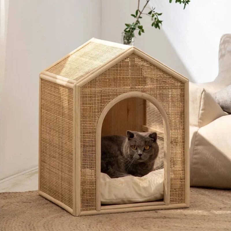 Elegant boho-style rattan pet house blending seamlessly with home decor.