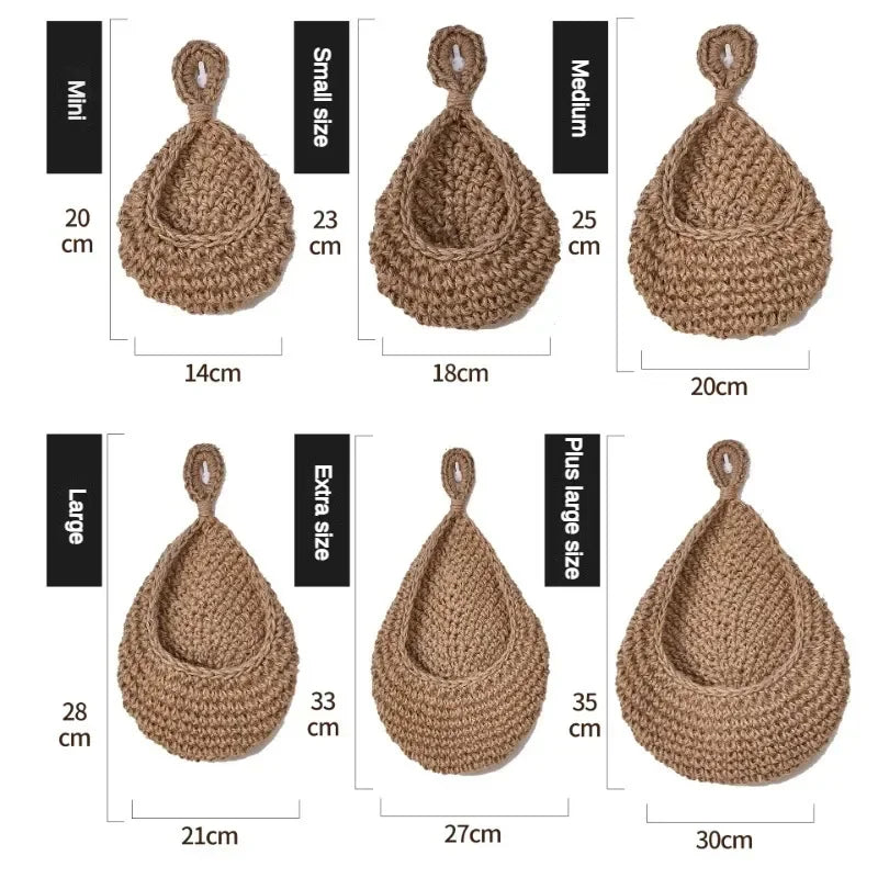 An infographic showing six woven hanging baskets in various sizes (Mini, Small, Medium, Large, Extra Size, Plus Large Size) with corresponding dimensions in centimeters.