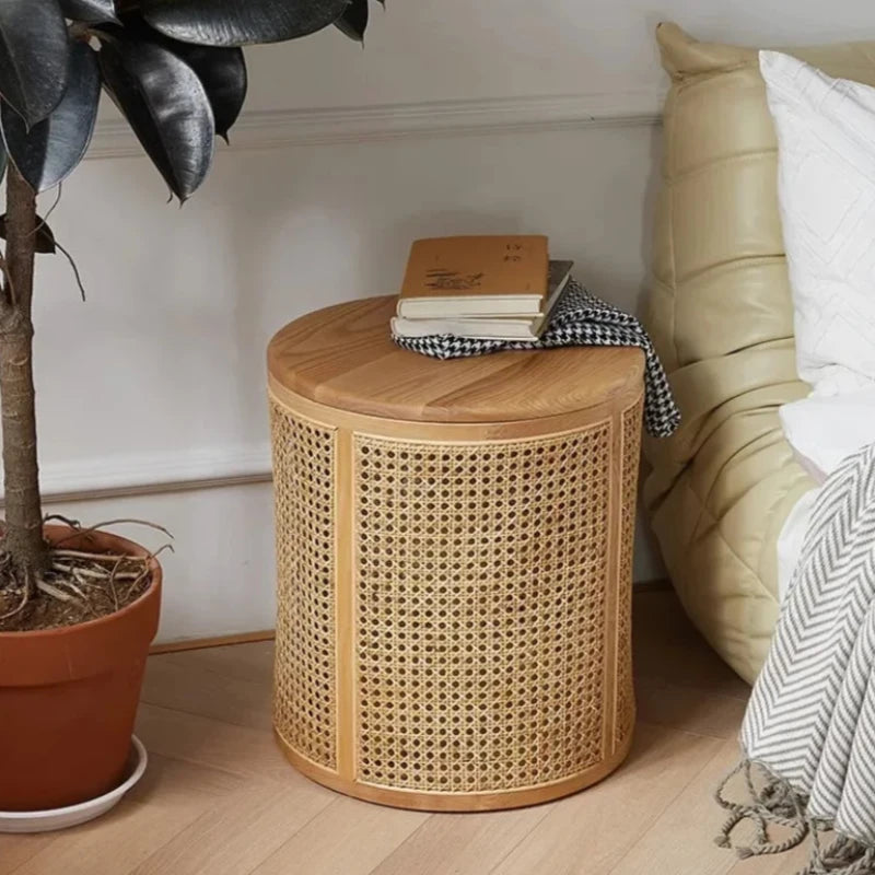 Multi-functional rattan side table for living room or bedroom decor.
