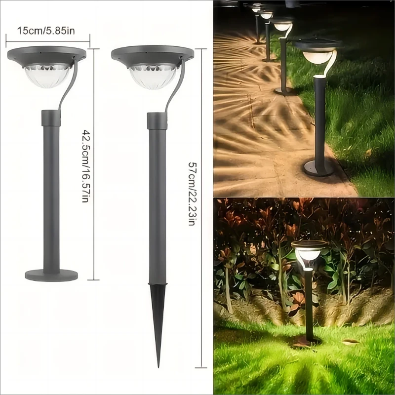 A composite image displays diagrams with dimensions of a modern black solar pathway light with a curved arm and a translucent lens. The light head has a diameter of 15 cm/5.85 inches, and the total height with the stake is 57 cm/22.23 inches, while the height without the stake is 42.5 cm/16.57 inches. The image also shows examples of these lights illuminating a walkway and a grassy area at night, casting warm downward glows with radiating shadows.