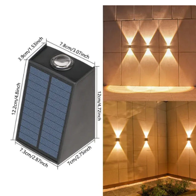 A composite image shows a diagram with dimensions of a small, dark, rectangular solar wall light. The diagram indicates a width of 7.8 cm/3.07 inches, a height of 12.2 cm/4.8 inches, a depth at the top of 3.9 cm/1.53 inches, and a depth at the bottom of 7.3 cm/2.87 inches. The light features a rectangular solar panel on its front and a sensor on top. The image also shows examples of these lights mounted on a wall, casting warm white triangular beams both upwards and downwards.