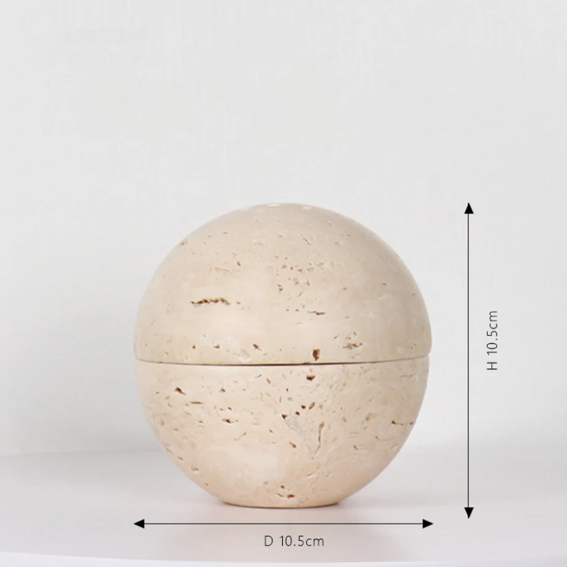 A round, light-colored natural travertine stone incense burner with a separate lid, shown with dimension indicators for height (H 10.5cm) and diameter (D 10.5cm).