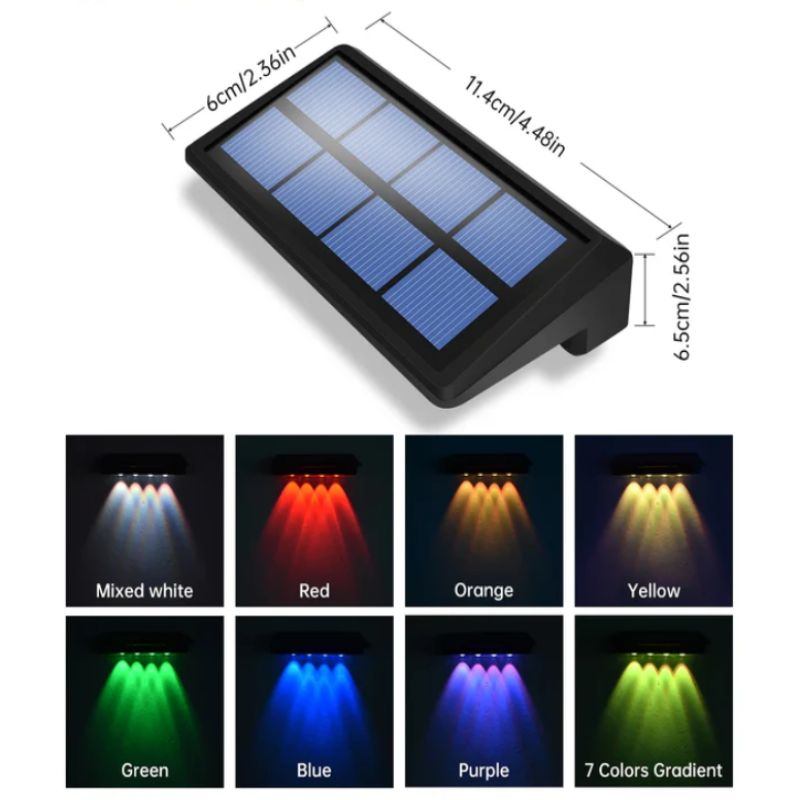 A diagram shows the dimensions of a black solar fence light with a blue solar panel as 11.4 cm/4.48 inches in length, 6 cm/2.36 inches in width, and 6.5 cm/2.56 inches in height. Below the diagram, eight graphics illustrate the light emitted by the fixture's LEDs in mixed white, red, orange, yellow, green, blue, purple, and a 7-color gradient.