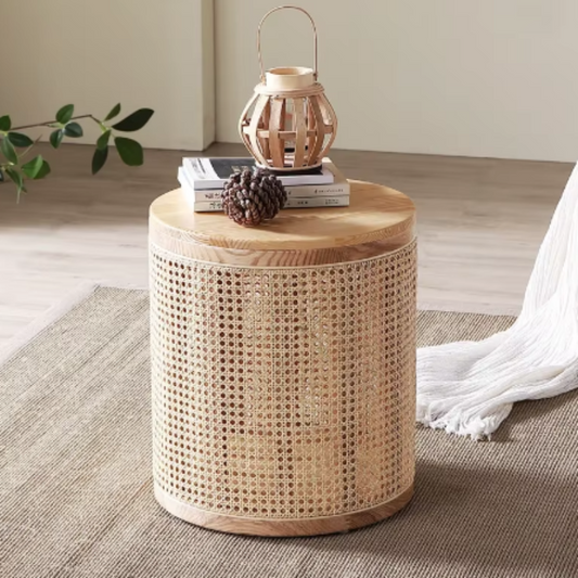 Stylish rattan storage side table with a natural woven design.