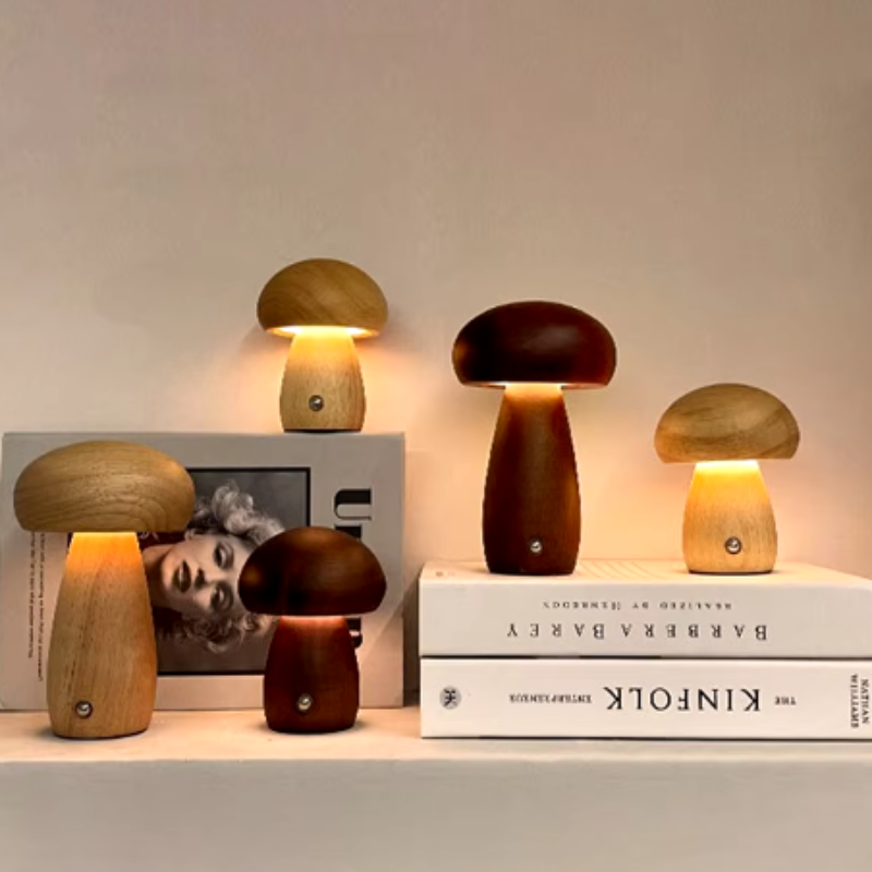 Handcrafted Wooden Mushroom Lamp with natural wood finish, adding warmth to any room.