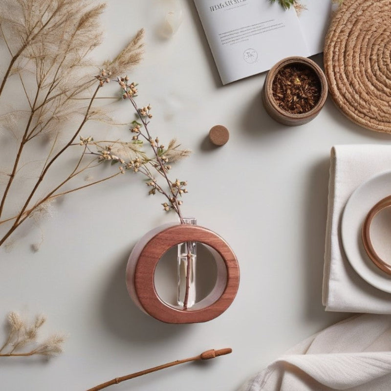 A circular wooden vase holds a transparent glass test tube containing a stem with a flower.