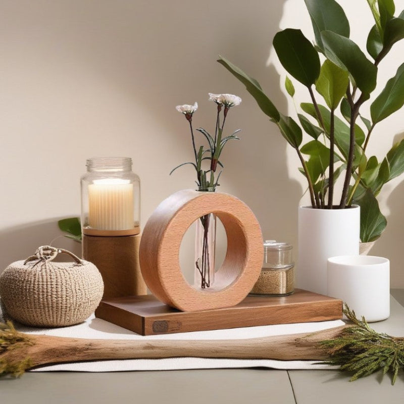 A light wooden circular vase holds a clear glass test tube with small white flowers. It sits on a wooden block surrounded by a woven basket, a lit candle in a glass jar, small jars, and two potted plants with large green leaves.