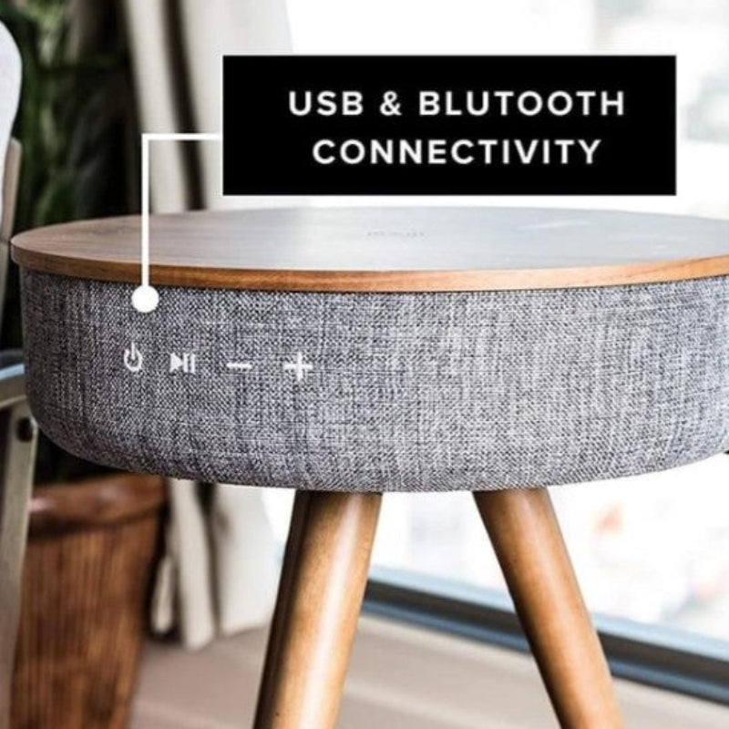 Round gray stool with wooden legs and USB/Bluetooth connectivity text overlay