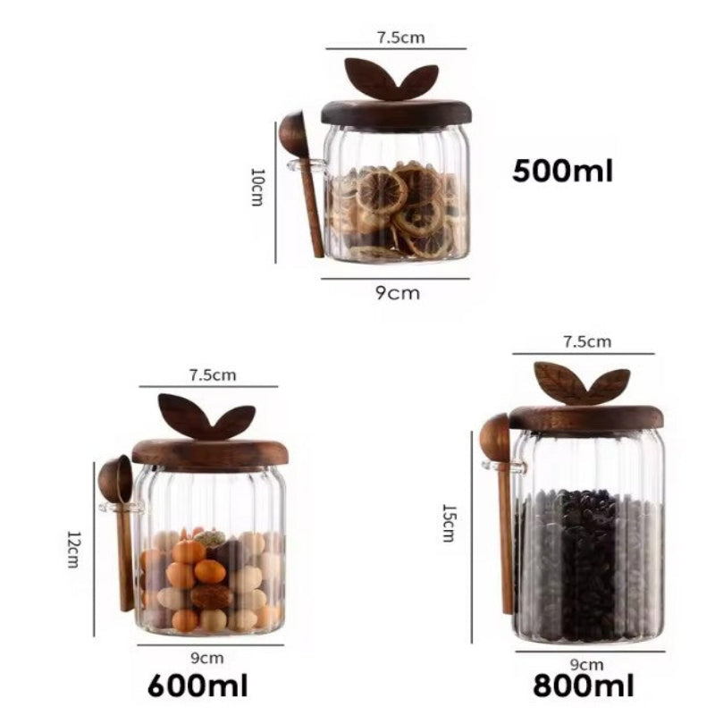 Glass jars with wooden lids and measurements on a white background