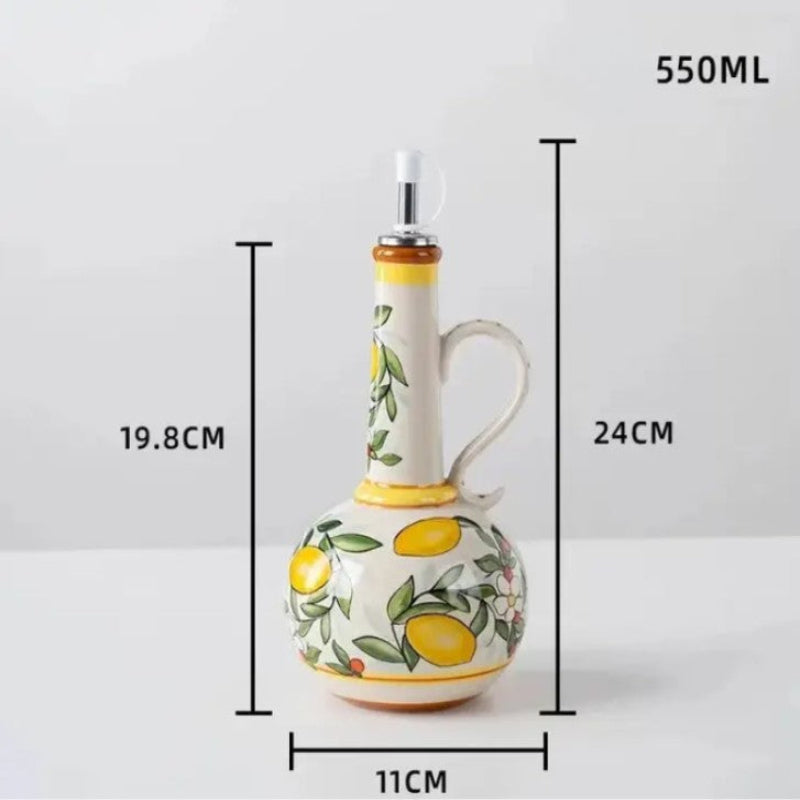 Ceramic oil bottle with lemon design and measurements on a white background