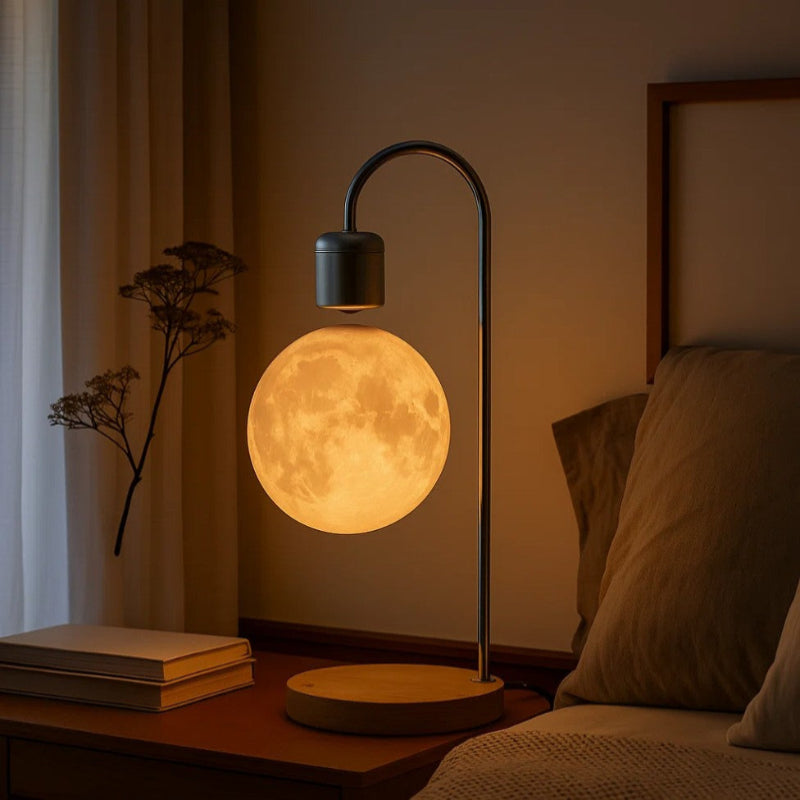 Moon-shaped lamp on a bedside table with a cozy bedroom setting