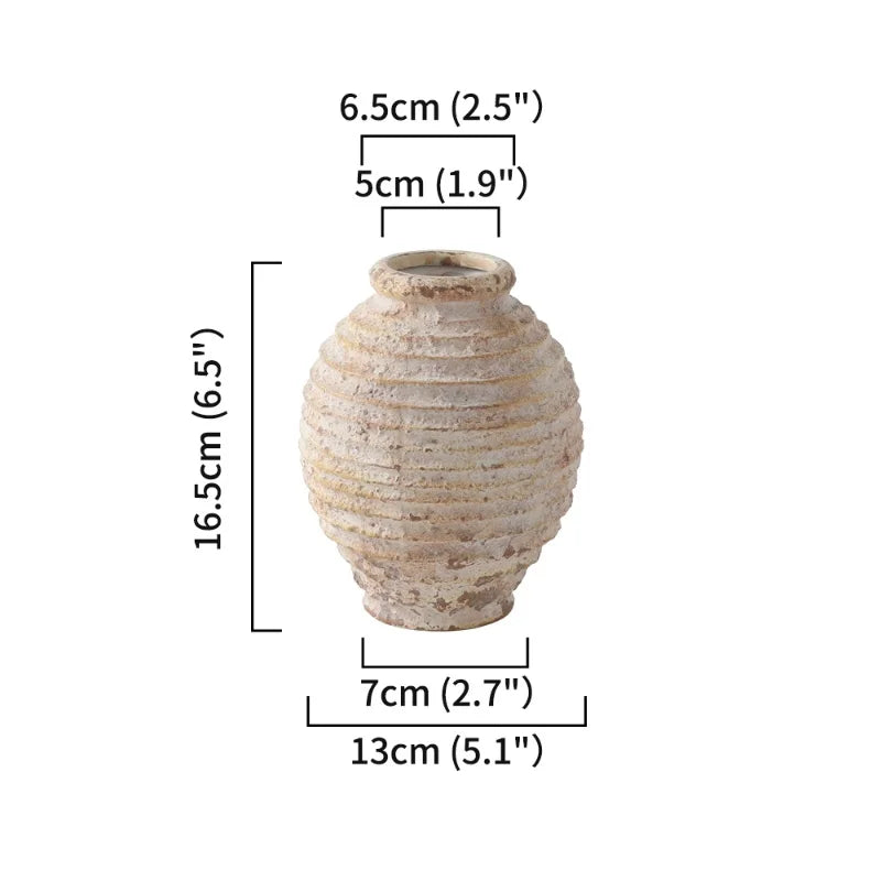 Dimensional diagram of a ribbed, rustic ceramic vase showing its height (16.5cm/6.5"), base diameter (13cm/5.1"), and opening diameter (6.5cm/2.5").