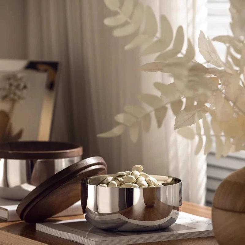 Stainless Steel & Walnut Lid Bowls (Set of 2)
