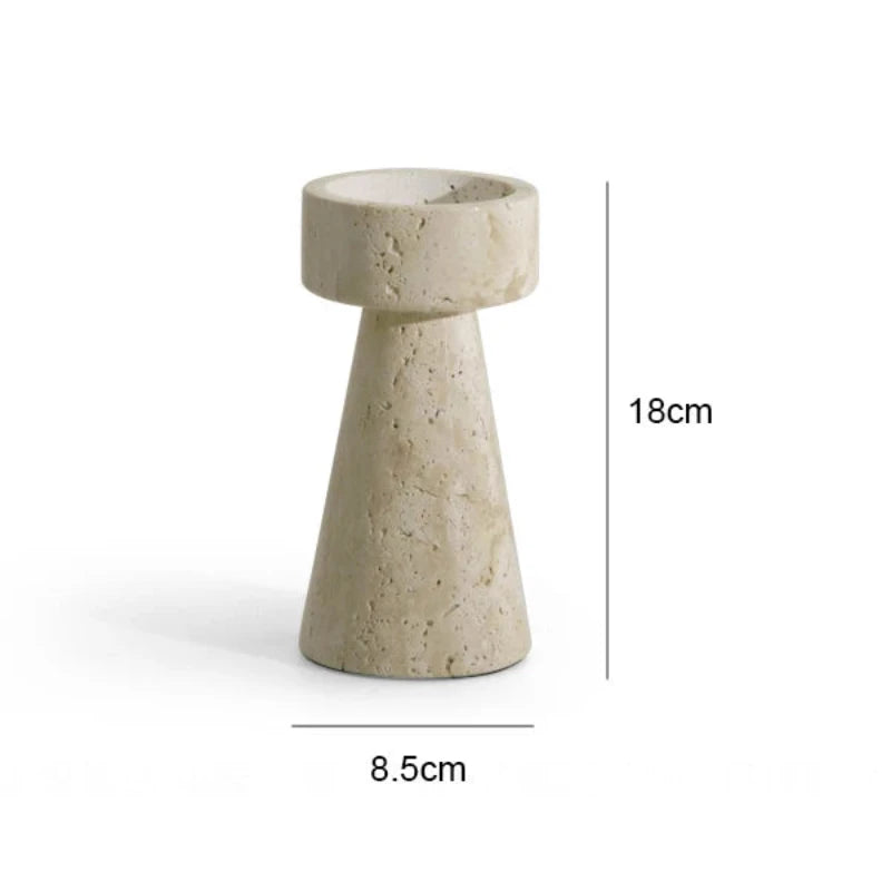 A textured, light-colored faux travertine stone candle holder with a conical base and cylindrical top, shown with dimension indicators for height (18cm) and base diameter (8.5cm).