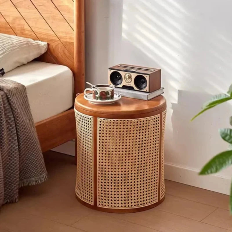 Handwoven rattan storage table blending elegance and practicality.