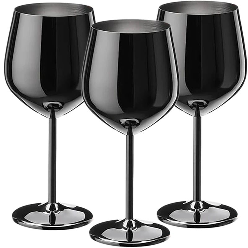 A set of three stainless steel wine glasses with a sleek black polished finish, featuring a modern reflective design and long stems—perfect for sophisticated dining and stylish gatherings.