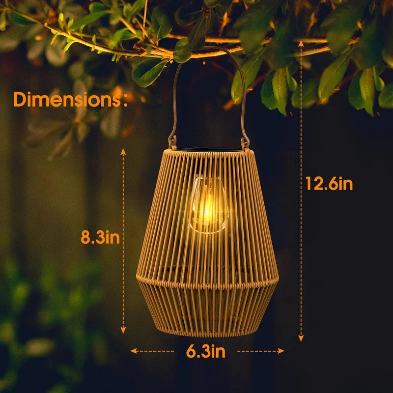 A diagram shows the dimensions of a warm-toned, woven outdoor lantern with vertical slats hanging from a branch. Arrows indicate the height is 12.6 inches and the width is 6.3 inches at the base and 8.3 inches at its widest point. The lantern emits a soft glow. The text "Dimensions:" is visible in the upper left corner.