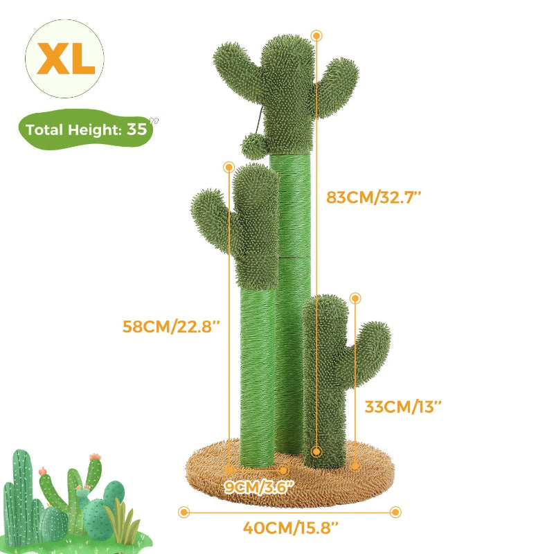 An image showing a green cactus-shaped cat scratching post with a brown base and dimensions labeled: total height 83cm/32.7", arm heights 58cm/22.8" and 33cm/13", base width 40cm/15.8", and post width 9cm/3.6". An "XL" badge and a small illustration of cacti are also present.