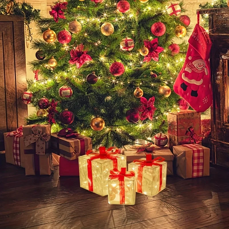 A beautifully decorated Christmas tree with lights and ornaments, surrounded by wrapped gifts, including three glowing boxes with red ribbons.