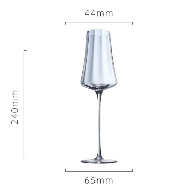 Clear glass wine glass with dimensions on a white background