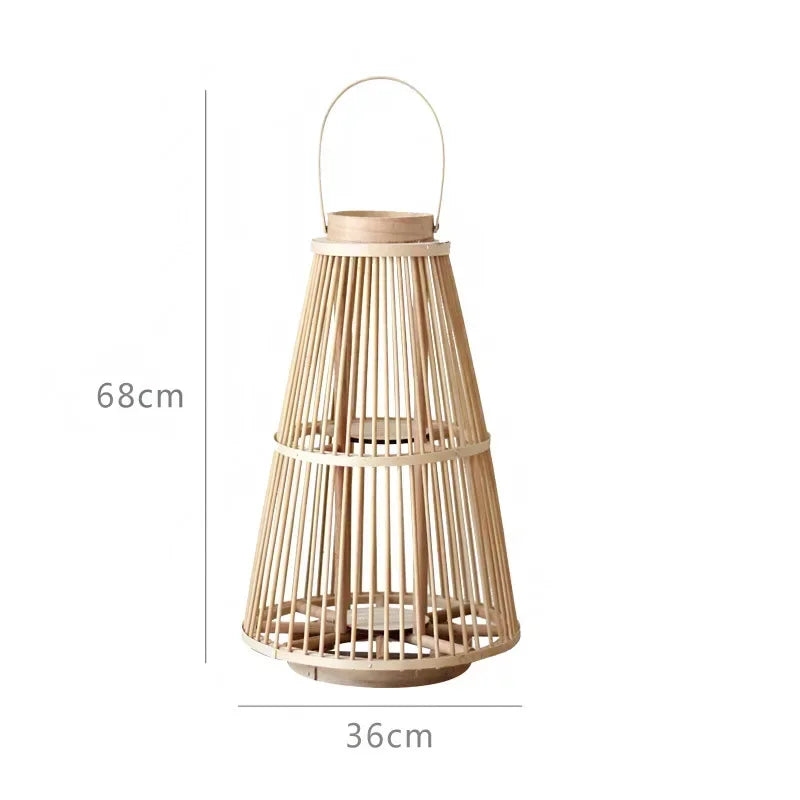 Tall conical bamboo lantern, 68cm high and 36cm wide, featuring an open-weave design, metal handle, and inner glass candle holder for soft ambient lighting.