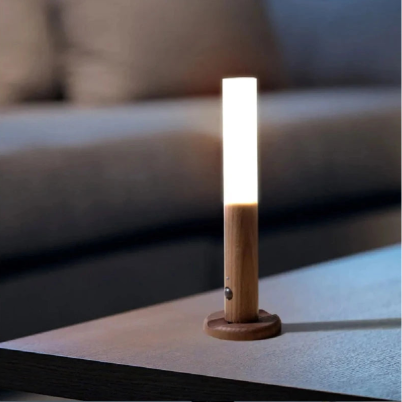Lumi USB rechargeable motion sensor light with sleek wood design for modern interiors.