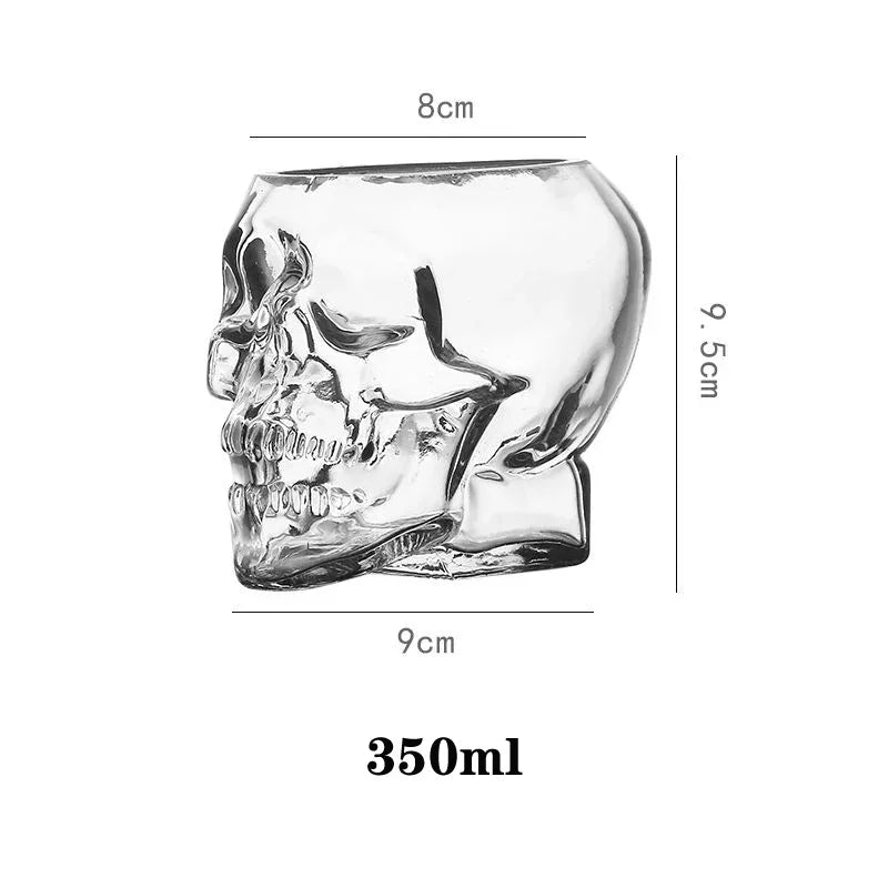 A diagram of a clear glass skull cup, showing its dimensions: 9.5cm tall, 9cm wide, 8cm deep at the top, and a capacity of 350ml.