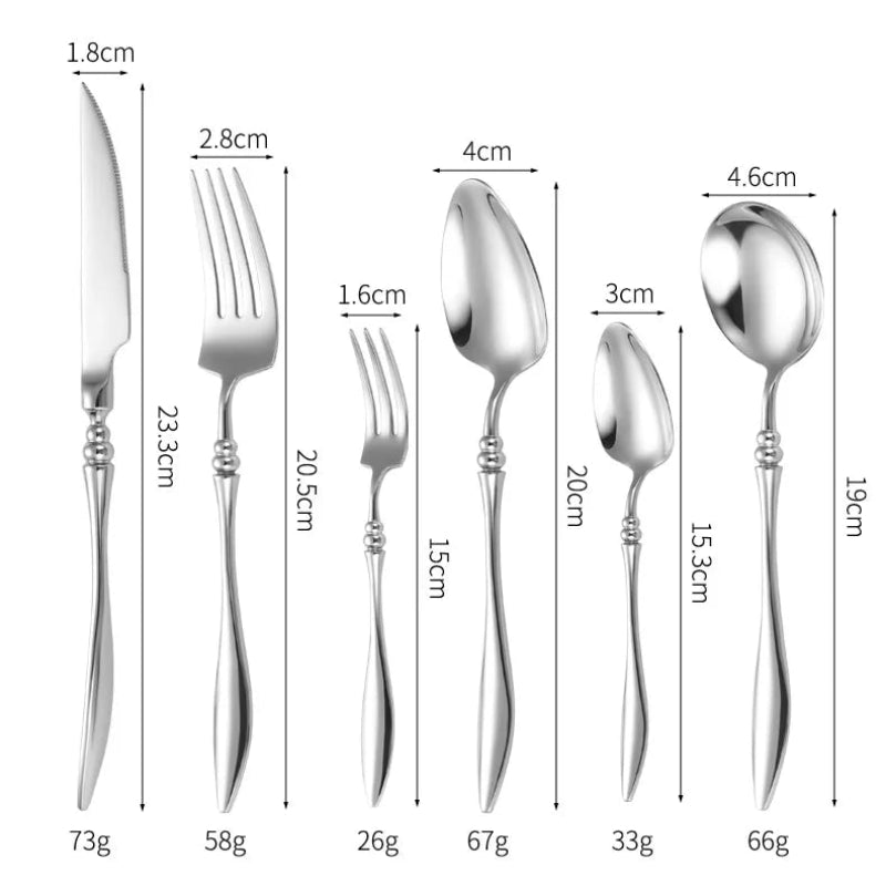 A set of six silver utensils with their dimensions and weights.