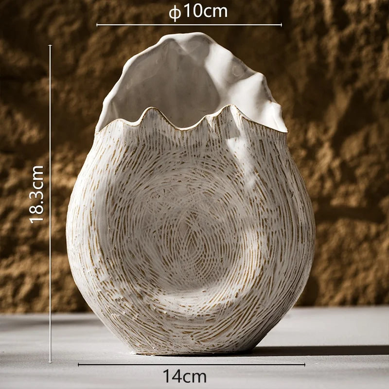 A white and gold textured vase with a wavy rim is shown with its dimensions labeled: 14cm wide, 18.3cm tall, and a top opening diameter of 10cm.