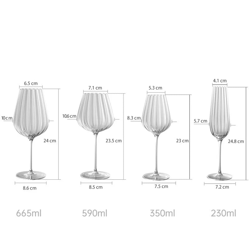 Four fluted glasses with measurements.