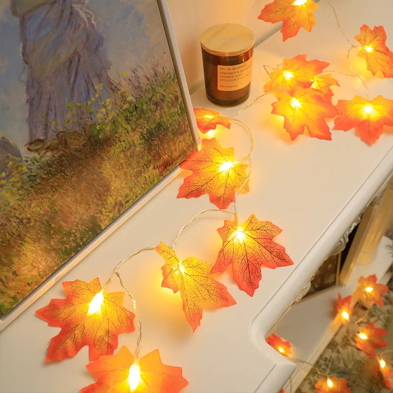 Maple String Lights featuring delicate wooden maple leaves, ideal for patios or living rooms.