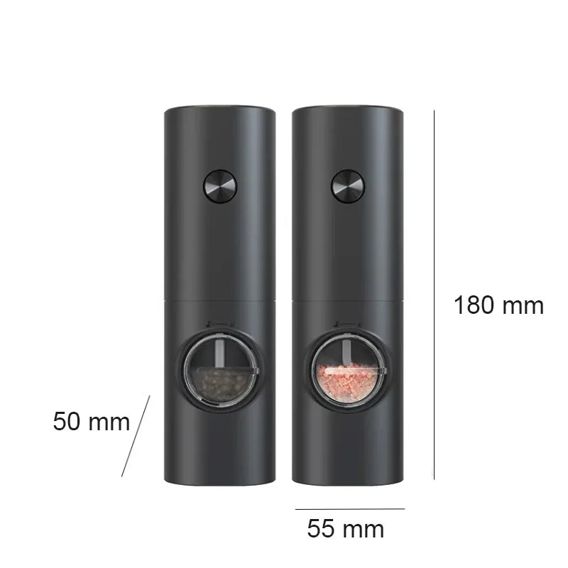 Two automatic spice grinders, one with black peppercorns and one with pink salt, showing their dimensions: 180mm tall, 55mm wide, and a 50mm diameter.