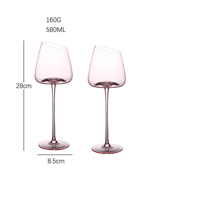 A graphic of two empty wine glasses with pink stems and an angled rim, showing their dimensions and volume.