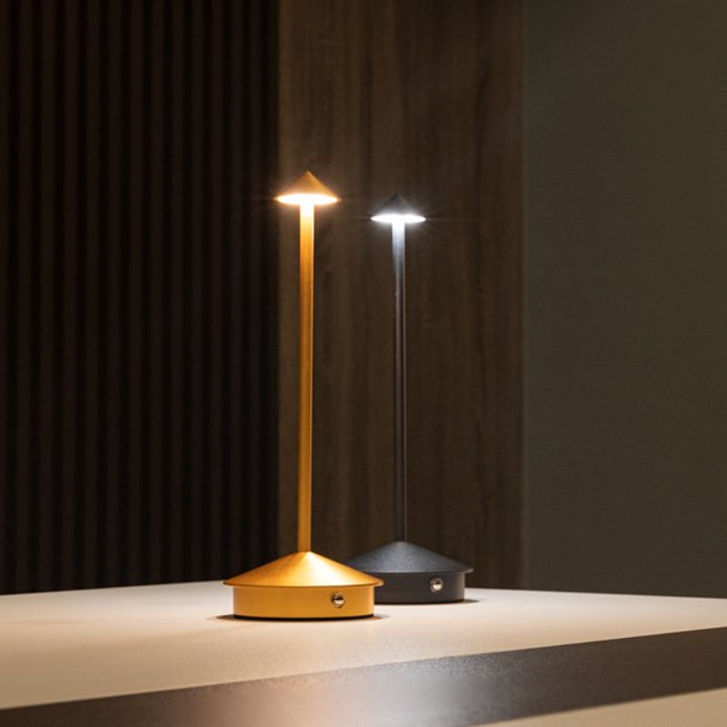 Two lit cordless table lamps with slender stems and pointed shades stand on a light-colored surface against a dark background. The lamp on the left is gold and emits a warm light, while the lamp on the right is dark and emits a cool white light.