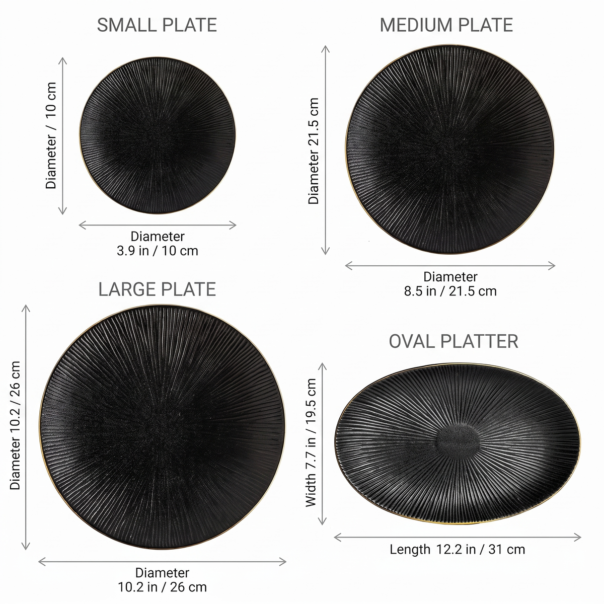 Black ribbed ceramic dinner plates dimensions diagram showing small 3.9 in / 10 cm, medium 8.5 in / 21.5 cm, large 10.2 in / 26 cm, and oval platter 12.2 x 7.7 in / 31 x 19.5 cm