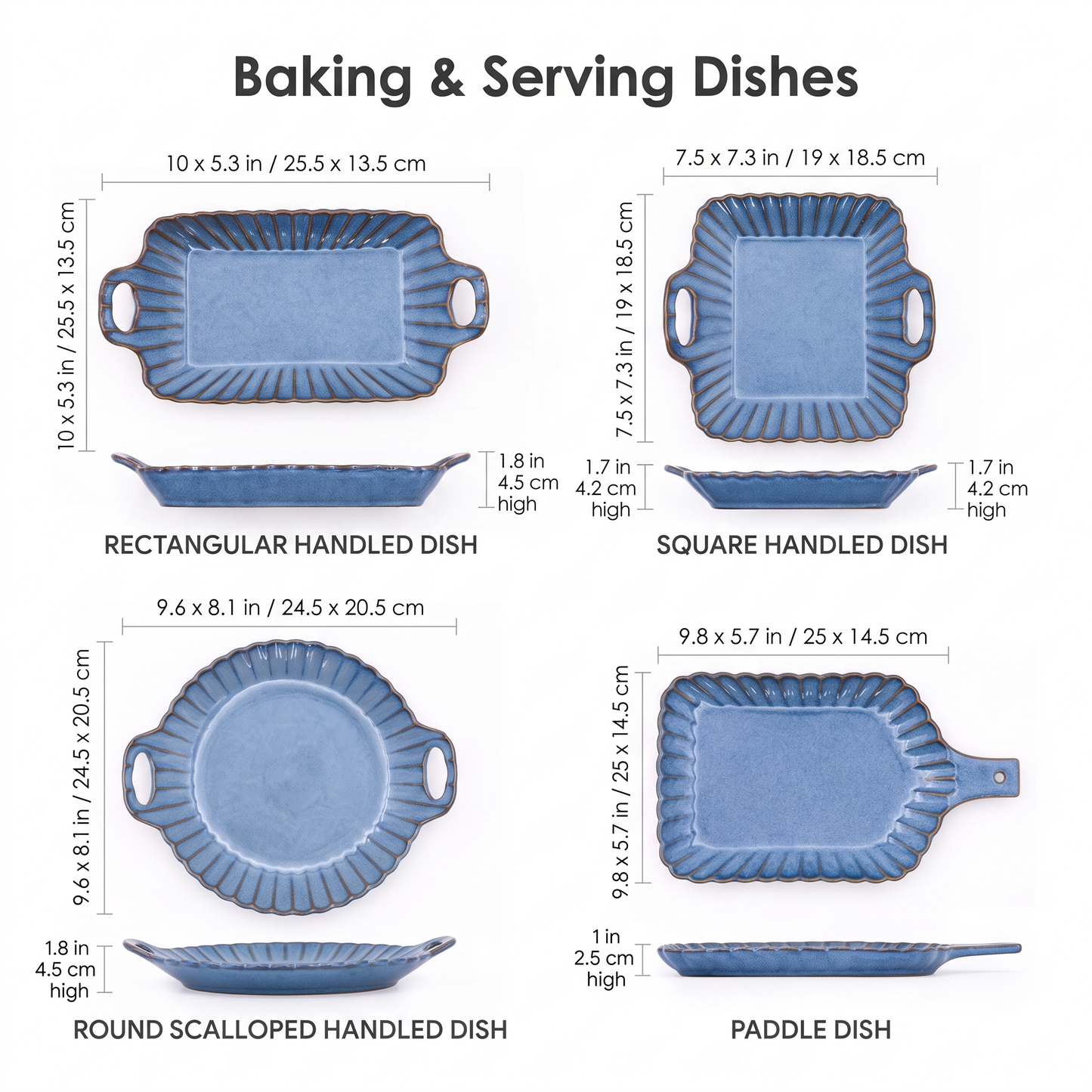 Dimensions chart for blue ribbed ceramic handled baking and serving dishes, Kiyo Home 22-piece set