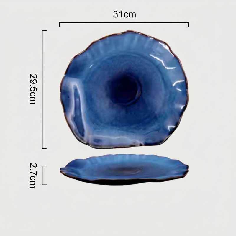 Blue wave edge ceramic dinner plate dimensions graphic with plate stand on white background