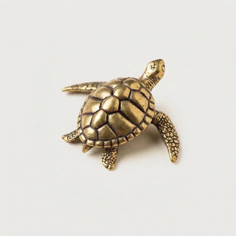 Brass turtle figurine on white background facing left