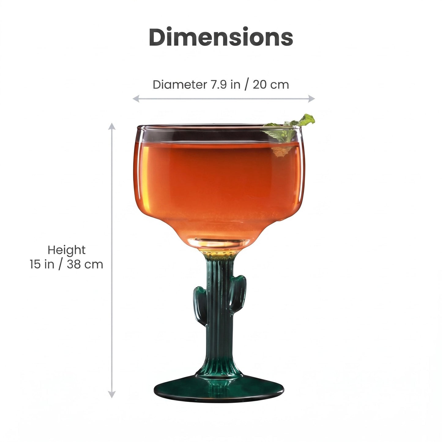 Cactus stem margarita glass dimensions, 15 in / 38 cm tall and 7.9 in / 20 cm diameter, Kiyo Home