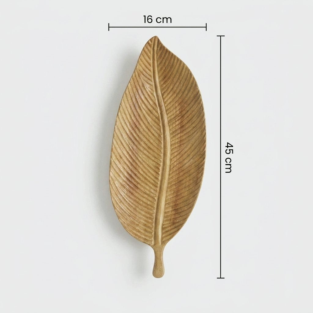 Light wood Carved Leaf Serving Tray dimensions diagram showing 16 cm width and 45 cm length