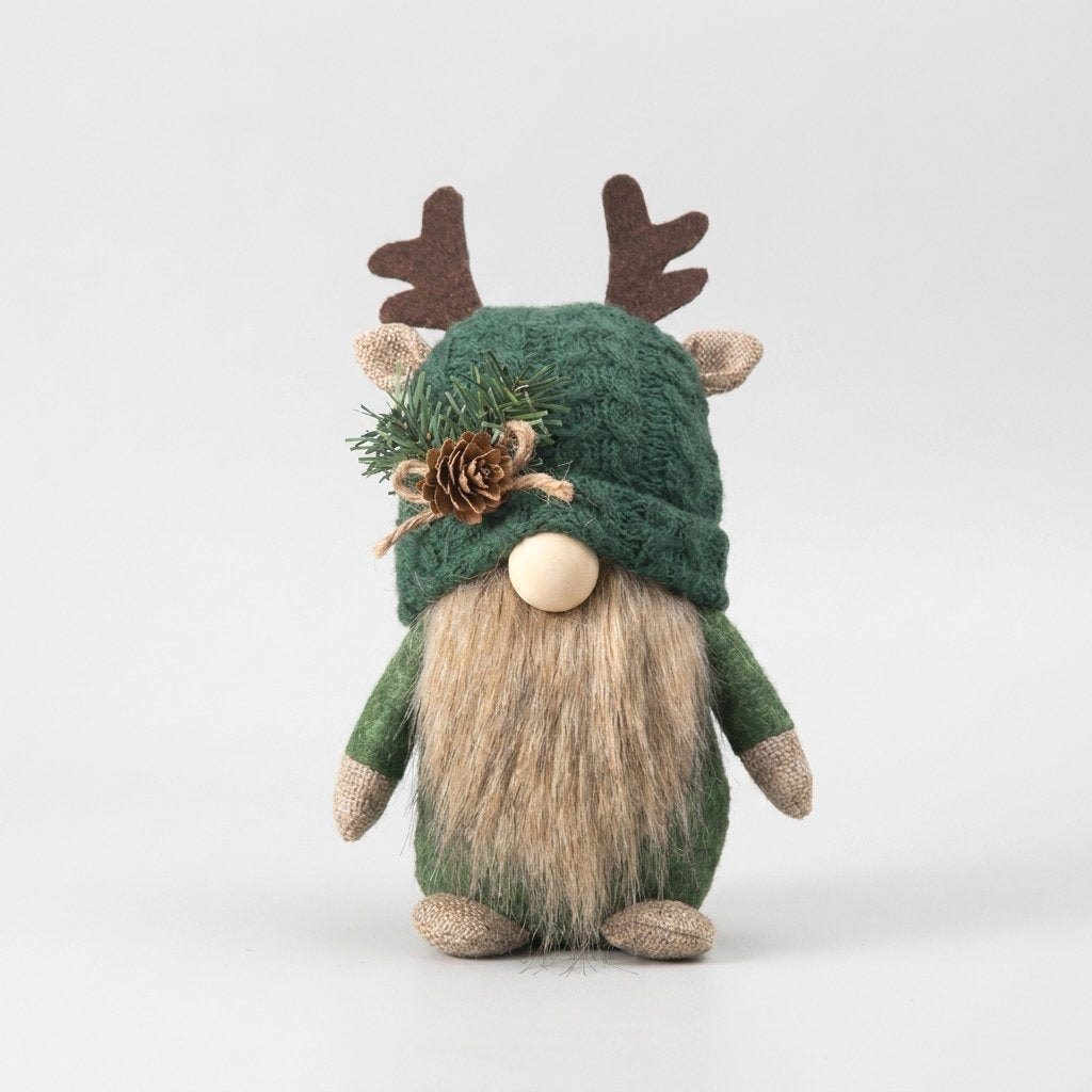 Christmas gnome with green knit hat, felt antlers, and pinecone accent