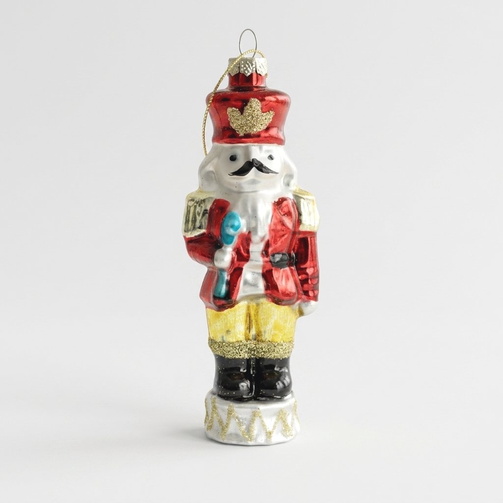Hand-painted glass nutcracker soldier ornament in red uniform