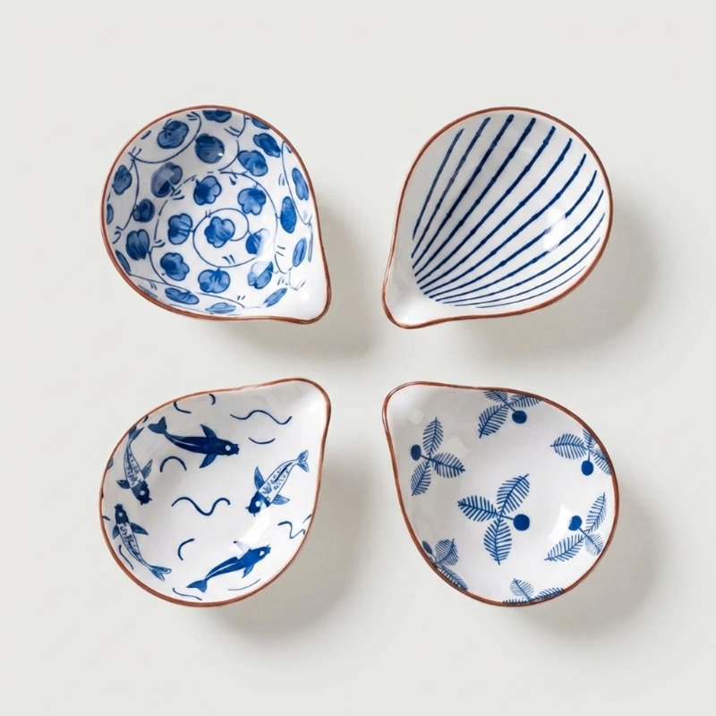 Coastal ceramic dip dishes set of 4 showing assorted blue patterns