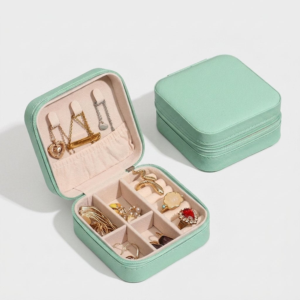 Green jewelry organizer case product photo on a white background