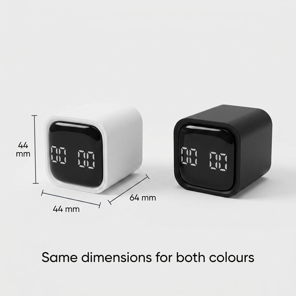 Black and white Digital Cube Kitchen Timers side by side labeled 44mm x 44mm x 64mm, noting both colors share the same dimensions